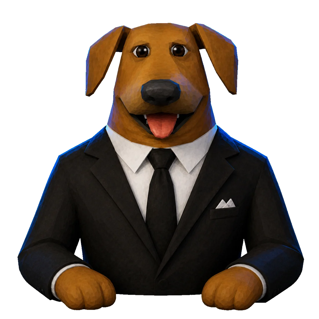 Anchor, a dog news presenter in a black suit